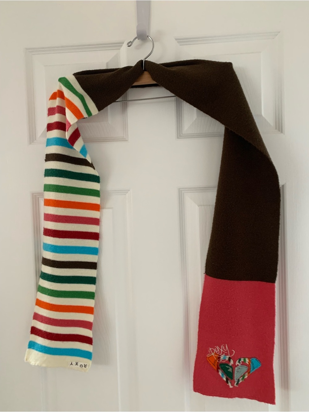 Roxy Kids Brown Scarf with Multicolor Stripes and Pink Panel